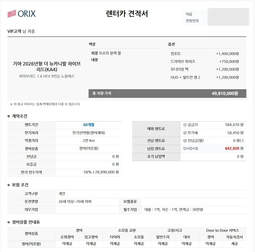 기아 카니발 하이브리드 9인승 노블레스 견적서 사진