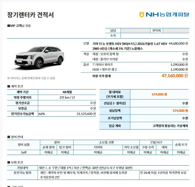 기아 쏘렌토 하이브리드 6인승 노블레스 견적서 사진